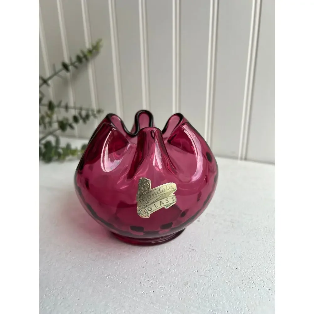Vintage Cranberry Glass Rose Bowl with Crimped Edge | Optic Design